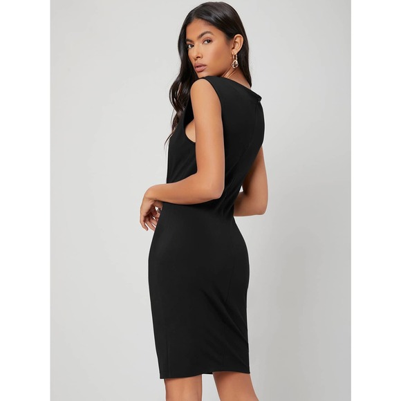 TANK SLEEVE FITTED GATHERED BODYCON DRESS BUSINESS CASUAL MINIMALIST blue - Picture 5 of 12